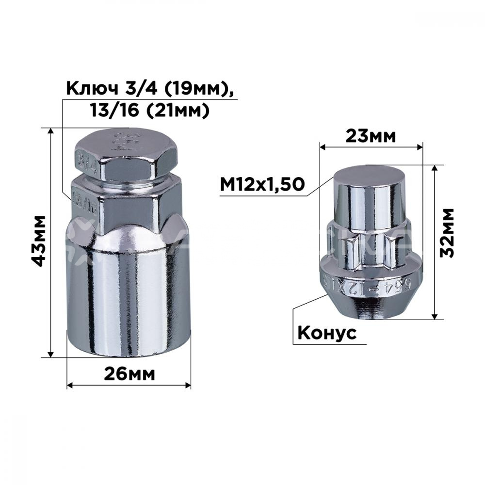 Секретная гайка  SKYWAY 12x1,5х32 СН19/21,конус, к-кт