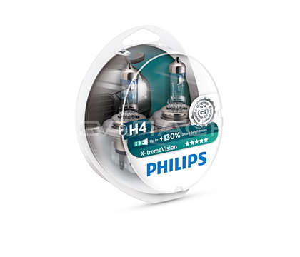 Автолампа H4 + 130% 12В 60/55Вт X-tremeVision, 2шт Philips